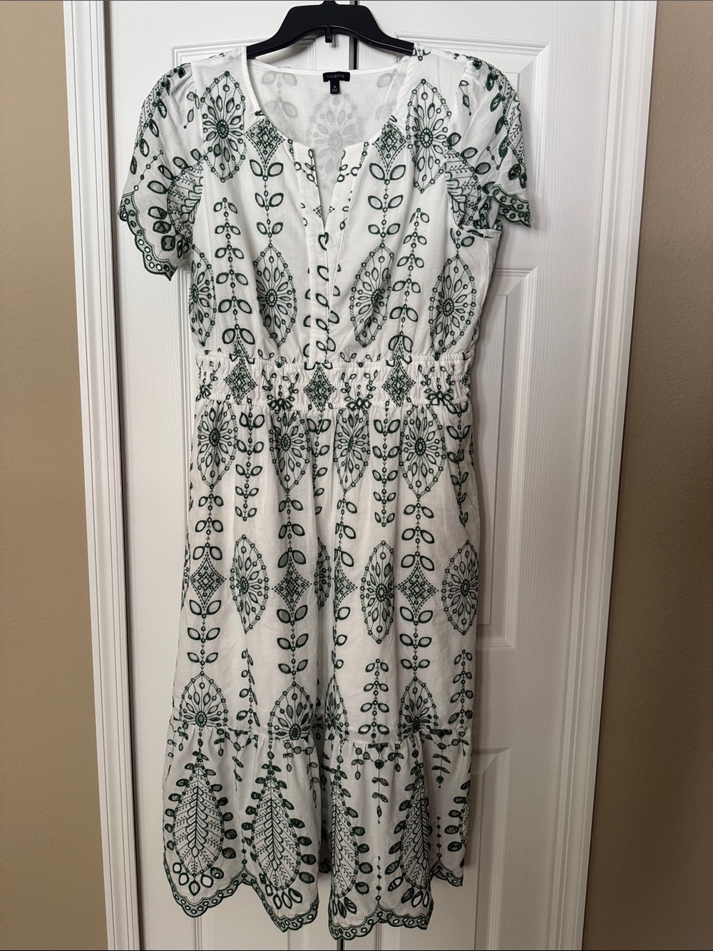 Talbots White Midi Dress with Green Folk Print